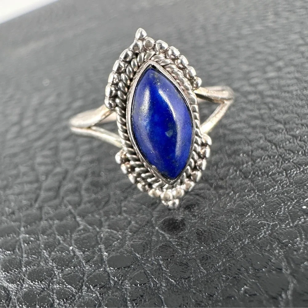 925 Sterling Lapis Lazuli‎ Marquise Cabochon Ring 6.5 Vintage Boho Southwestern